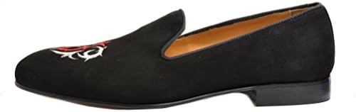 Men's VITELO Leather Black Suede Slipper Shoes with Embroidery Crest Design TS 41 (40 EU, Black/Silver)