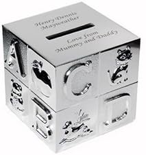 SILVER PLATED CHILDREN'S ABC MONEY BOX. FREE ENGRAVING ON TOP UP TO 40 CHARACTERS. PLEASE E-MAIL INSTRUCTIONS.
