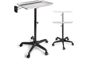 LIGHTAKAI Salon Tablett mit Rädern, Aluminiumwagen Beauty Trolley Einstellbare Höhe Rolling Salon Tray mit 360 Grad SchwenkRädern für Dental Carts Friseur Cart (Silber mit Regal)