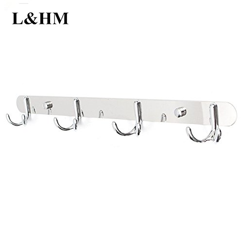 L&HM Attaccapanni da parete con 4 Ganci dippi Wall Mount in Acciaio Inossidabile per Vestito Asciugamano Cappello Bagno 35 cm