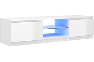 vidaXL Meuble TV avec Lumières LED, Armoire de Télévision, Meuble Télé de Salon, Armoire Basse Salle de Séjour Intérieur, Moderne, Blanc Brillant