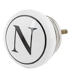 4 Pieces Handcrafted Knobs | Ceramic Door Knobs for Kids Room | White Black Drawer Pulls & Hardware Set | N Alphabet Wooden Handles for Wardrobe | 3.81 cm Knobs