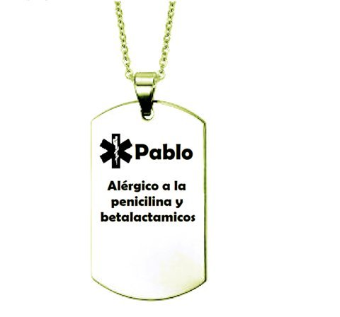 Bolboreta Valente Collar Colgante Personalizable Acero Alerta Médica Oro identificativa Enfermedades alergia