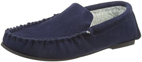 Mens Gents Real Genuine Suede Leather Casual Navy Moccasin Slippers with Warm Comfortable Fleece Lining and Non Slip Hard Sole (UK