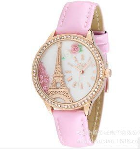 Oh My Lady* Pink Innovative 3D Miniature Eiffel Tower, Crystals, Pink & White Roses, Romantic Travelling Themed High Qaulity Waterproof Watch with Delicate Handcraft Clay - Gift Boxed