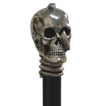 Gothic Skull Knob walkingstick, antique-silver, decorated with snake on a black hardwoodstick by Stockshop