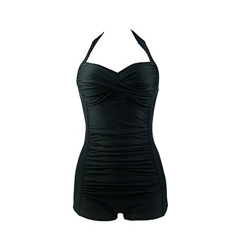 Janecrafts Women's Halter Neck Swimuits Rouched Bust Low Cut Jumpsuit Swim Suit Backless Swim Clothing
