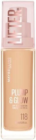 Maybelline New York Fondotinta Illuminante, Per Tutti i Tipi di Pelle, Pelle Rimpolpata e Radiosa, Finish Naturale, Con Acido Ialuronico e Niacinamide, Lifter Plump and Glow, Tonalità: 118, 30 ml