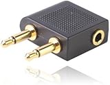 Gold Plated Airplane Headphone Socket Adaptor / Aircraft / Airplane / Airline Headphone Adaptor - Twin 3.5mm Mono Jack Plugs to 3.5mm Stereo Jack Socket - For use on most major airlines - Comaptibles E-Shop