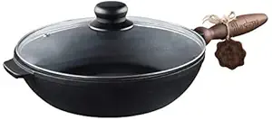 Texas Element Maysternya T306C3 Solid Cast Iron Frying Pan 28*6 cm with Wooden Handle & Glass Cover