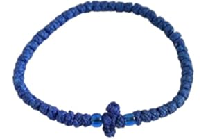 ICONSGR Hecho a Mano Griego Ortodoxo Cristiano Cordón de oración Chotki, Komboskini, Encerado, Fino, Color Azul con Cruz del Monte Athos (Grecia)