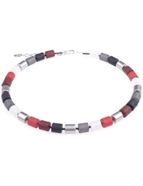 Elegante Kette “Bärbel” aus Polaris- und lackierten Acrylzylindern, schwarz/weiß/rot Mix mit silbernen Akzenten...