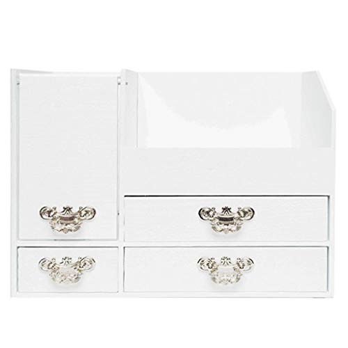 Preisvergleich Produktbild Holz Kosmetik Aufbewahrungsbox Große Kapazität Desktop Holz Retro Home Schminktisch Hautpflege Stehen Pulver Weiß Mit Spiegel 330 * 189 * 243mm