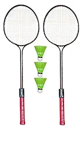 FITNACE Badminton Racket Double Shaft Set of 2 with Free 3 SHUTTLES (Frame Material - Iron , Multicolor)