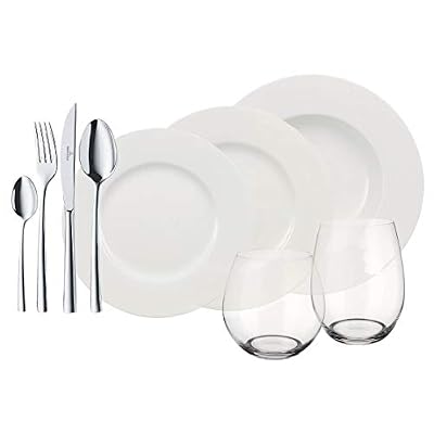Villeroy & Boch Wonderful World White 4 Friends Service de table pour 4 personnes, 36 pièces, Porcelaine Premium/Cristal/Acier inoxydable