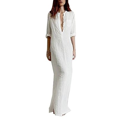Malloom® Robe,Malloom Sexy Manches Longues Col En V Solide Longue Robe Maxi Des Femmes (M, Blanc)