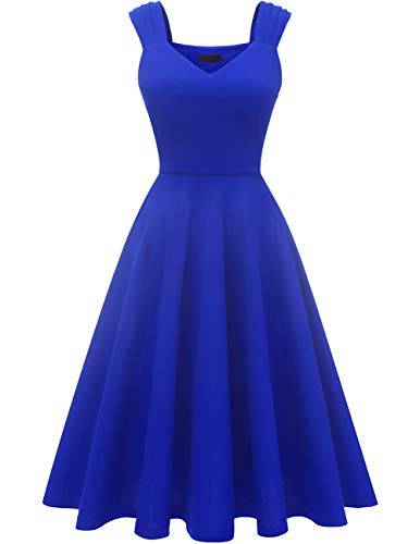 DRESSTELLS 1950's Robe de soirée Cocktail Vintage années 50 col en V sans Manches Longueur mi-Mollet Royal Blue S