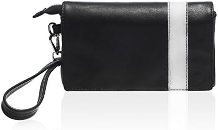 Men's clutch bag, handbag, organizer case, hand made with real leather, black with white decoration, two handles, lined iterior, two pockets, made in Italy