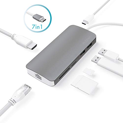 Pazzimo USB-C Hub 7in1 passend für MacBook (Thunderbolt 3) I USB-C Adapter Hub mit 1x HDMI 4k, 1x Typ-C PD, 2X USB 3.1, 1x Netzwerk und 1x Kartenleser