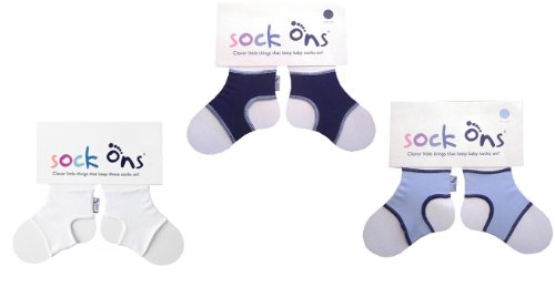 Sock Ons - 0-6 Months - ** 3 Pack ** (1 x White,1 x Navy & 1 x Baby Blue) Three Sock Ons Baby Sock Keepers : Amazing Value Pack