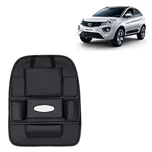 RD Universal PU Leather Car Auto Seat Back Organizer Multi Pocket Travel Storage Bag with Hangers, Tissue Paper and Bottle Holder-Black Colour Compatible for Tata Nexon