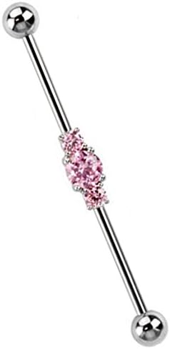~ Gift Boxed ~ Industrial Scaffold Piercing Bar 3 Gems Cluster Centre 38mm Barbell in Pink ~ Blue ~ Clear