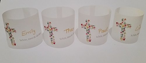10 Mini Tischlichter Konfirmation, Kommunion, Erstkommunion, Tischschmuck Tisch Zuschnitte Dekoration „Schön, dass du da bist“ Motiv – Buntes Kreuz aus Kinderhänden - 2