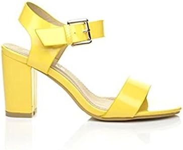 UK STREET FASHION New Womens Ladies Block Peep Toe Low Mid Heel Ankle Strap Party Strappy Court Shoes Sandals (6 UK/EU39, Yellow Patent)