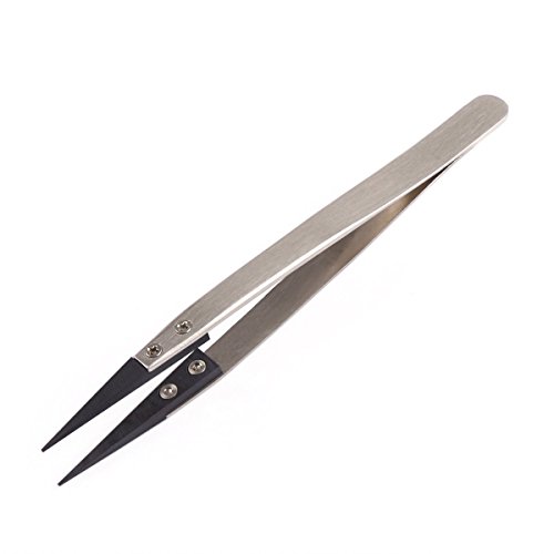 Aussel Zirconia Ceramic High Precision Tips Tweezers Ceramic Tweezers with Anti-skid Stripes No Magnetic and Static Electricity (Silver Handle Black Pointed) - 2