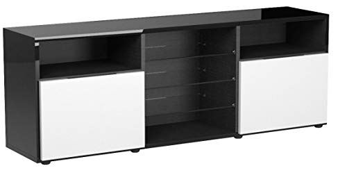 Meuble TV Bas Granada, Corps en Noir en Haute Brillance/Façades en Blanc en Haute Brillance