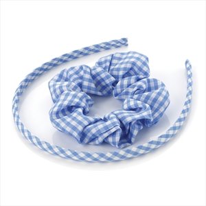 Girls Blue Gingham Headband/ Alice Band & Hair Scrunchie Set