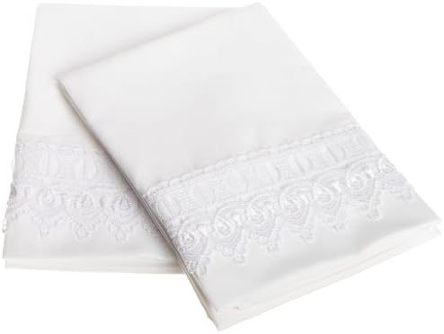 Cathay Home Venice Lace Standard Size Pillow Cases Constructed of Microfine Twill Weave in Highest Quality, White Color, Set of 2