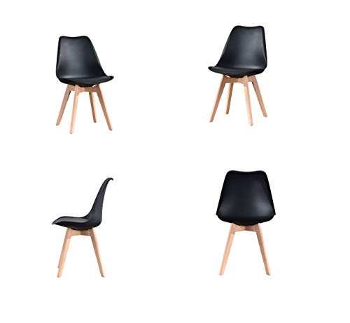 ArtDesign FR Ensemble de 4Tulip Chaise de Salle à Manger Moderne,Siège Rembourré, Pieds en Bois Massif de Hêtre Naturel, Dossier Ergonomique(Noir)