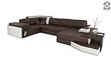 B375 x H85 x T209 Ledercouch braun / weiß Wohnlandschaft XXL Ledersofa U-Form Designsofa Ecksofa Sofa Couch mit LED-LichtBERGAMO