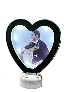 PRINTZILLA Plastic Personalized Magic Mirror Cum Photo Frame with LED Light for Home Decor (Heart Shape, White)