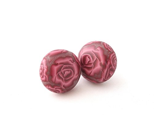 Rose Button Stud Earrings for Women in Burgundy Red, Silver Plated Jewellery Gifts for Her Under £5