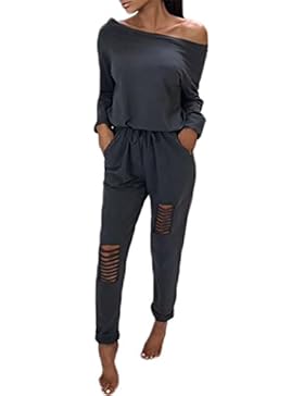 Boutiquefeel Damen Casual Schulterfrei Drawstring Top Ripped Hose Jumpsuits