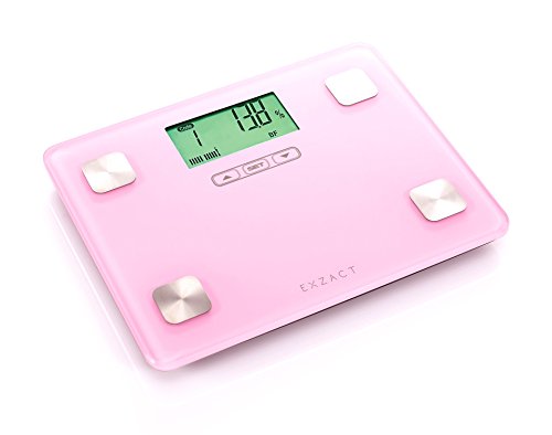 EXZACT Mini Körperanalysewaage/ Tragbare Elektronische Personenwaage/ Körperfettwaage/ Digitale Personenwaagen - Fett / Trink / Muskel / Knochen - 1.7 cm Dicke (Ultra Slim) - 12 Anwenderspeicher - 150 kg / 330 lb (Rosa)