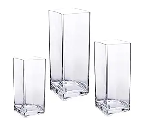 DECENT GLASS Glass Tall Square Vase (10 X 4 Inches, 8 X 4 Inches, 6 X 4 Inches, Clear)