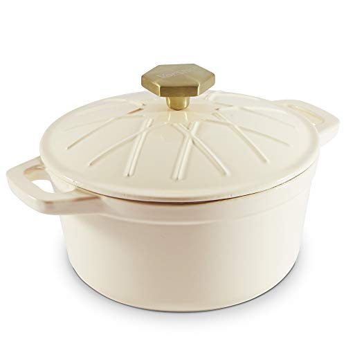 VonShef Casseruola in ghisa da 2,5L Color Crema - Rivestimento smaltato Antiaderente - Design Esclusivo