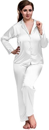 Lingerie0306 Sexy Satin Pyjamas Set White Sizes 8 To 26 Plus Size Nightshirt PJ Lingerie Nightwear Set Long Sleeved Bridal Wedding Bride Honeymoon (UK 20)