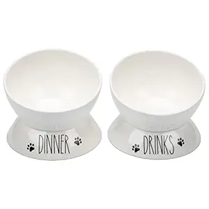 Prefurred Pet Elevated Cat Food Bowl Set (Dinner & Drinks Cat Dish) Two Elevated Cat Bowls, Cat Dishes for Food and Water. Porcelain Raised Cat Bowl, Small Pet Dog Bowl. Wide Tilted Cat Food Bowls.