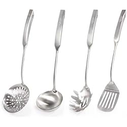 Newness 4 Pièces Ustensiles de Cuisine en 304 inox, Spatule, Écumoire, Louche, Cuillère à Spaghettis