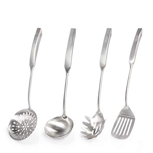 Newness 4 Pièces Ustensiles de Cuisine en 304 inox, Spatule, Écumoire, Louche, Cuillère à Spaghettis