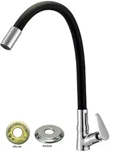 Jagger PAN Handle Brass Black Color Table Top Flexible Swan Neck tap for Wash Basin, Black Flexible Kitchen Basin tap with 360 Degree Rotating Spout Chrome Finish (with Teflon Tape and Flange)