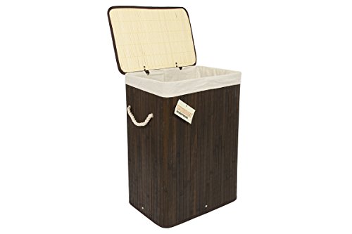 WoodLuv Wäschekorb, rechteckig, Bambus, faltbar, mit Deckel und herausnehmbarem Futter braun