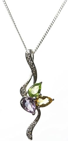 925 Sterling Silver Ladies Pendant + Chain with Amethyst, Citrine, Cubic Zirconia/CZ, Peridot - 31mm*11mm
