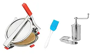 Vessel Crew Combo of Stainless Steel Puri/Roti Maker Press, Steel Sev/Namkeen Maker and Silicone Oil Brush