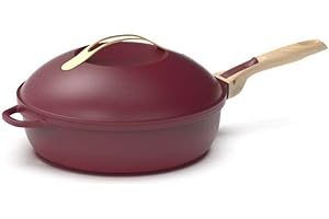 COOKUT - La Fabuleuse poêle 8 en 1 – Un seul ustensile qui remplace poêle, casserole, sauteuse - Avec 2 poignées amovibles, panier vapeur/friture, spatule en bois - RUBIS