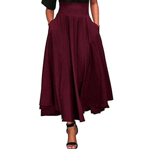 Reaso Femmes Jupe Plissé Rétro Jupe Longue Elegant Robe Taille Haute Vintage Fille Elastique A-Line Midi Jupe Basique Chic Plaid Court Jupe Jupe Fluide Maxi Robe Avec Fente avant Ceinturé (XL, Rouge)